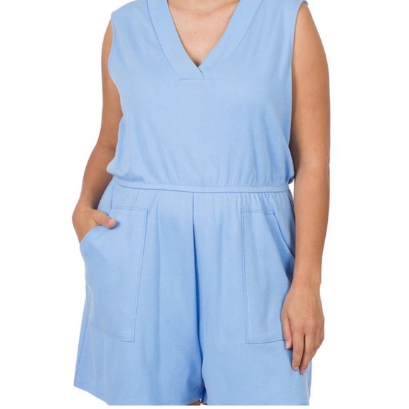 Zenana Outfitters Pants - NEW COTTON SLEEVELESS ROMPER WITH POCKETS SPRING BLUE PLUS SIZE 3X